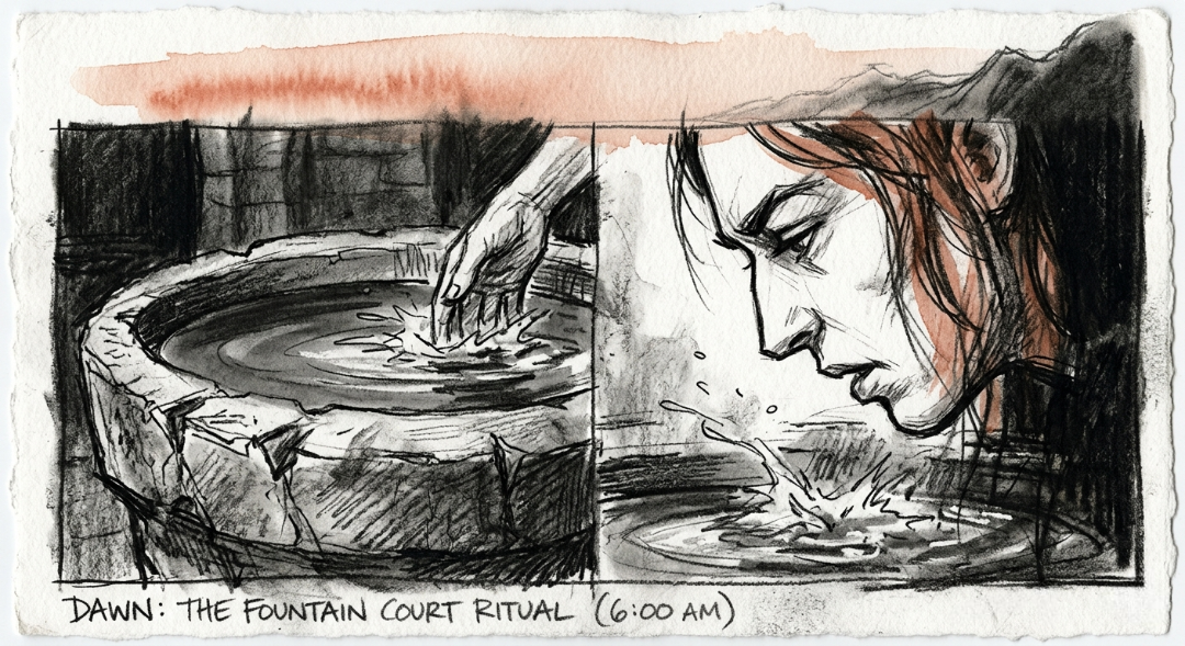 “Dawn: The Fountain Court Ritual. A split-view sketch capturing the fading shadows of night giving way to the first low-angle ray of dawn. Rough charcoal textures meet a soft bleed of terracotta watercolor. 🌅✨” Art Sketch by Misselbereth