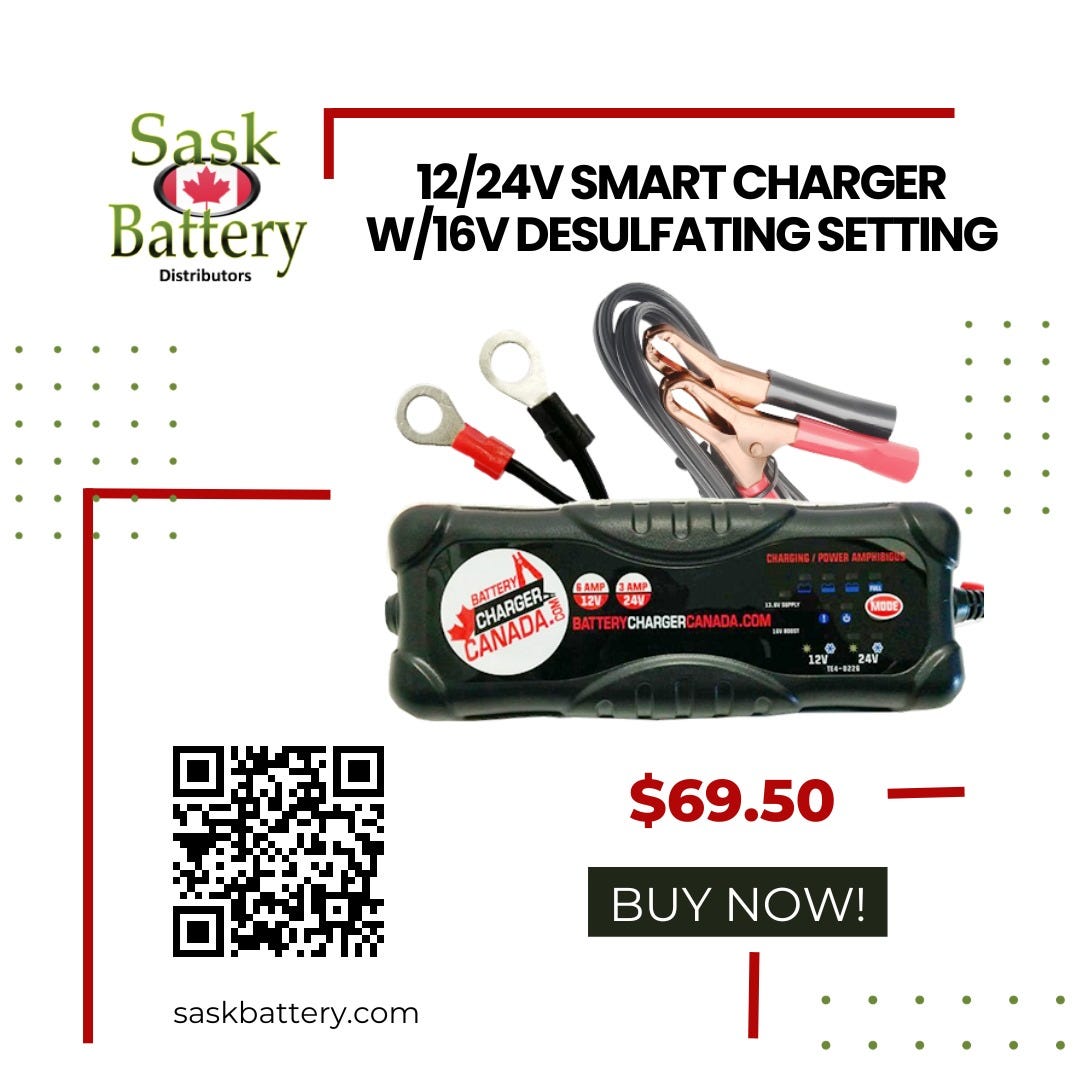 Looking for reliable battery suppliers in Canada? Look no further!  SaskBattery offers a versatile 12–24V Smart Charger that caters to WET,  AGM, and LIFEPO4 batteries. Say goodbye to battery worries… - Saskbatteryca  -