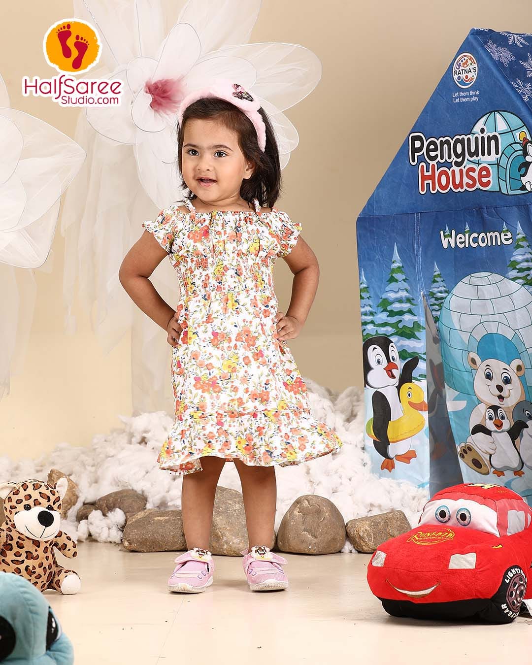 Girls Winter Checkered Frock with Jacket Style Bodice & Floral Accent
