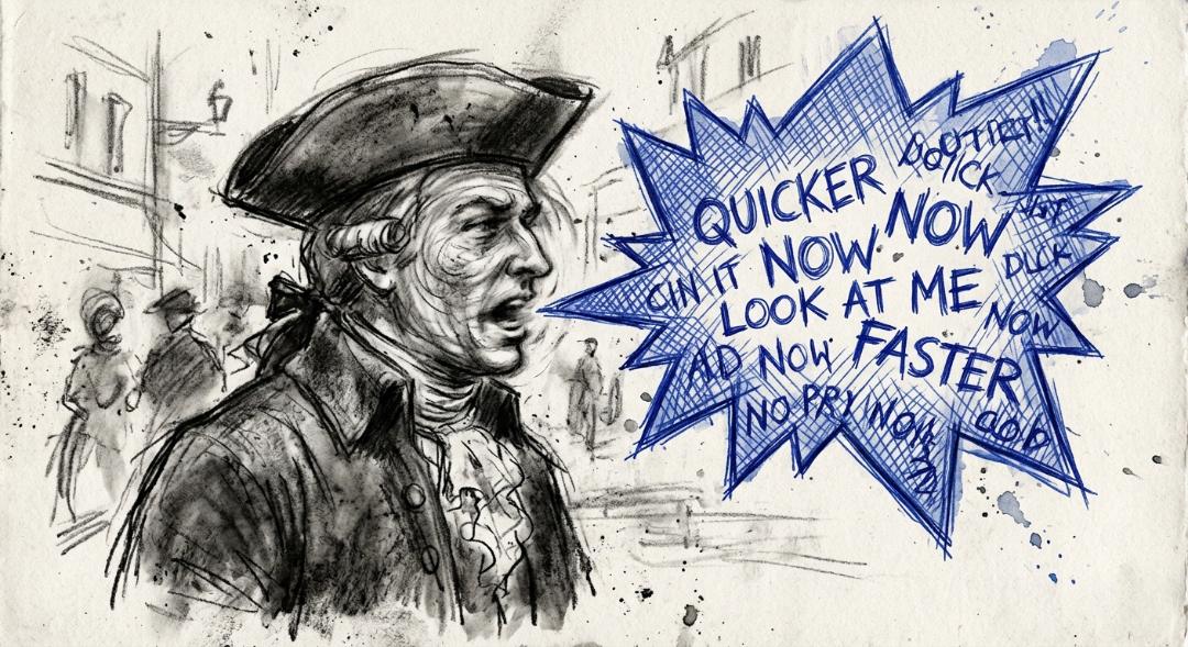 “Caught in the relentless rhythm of the city, where every second demands to be louder than the last. A mask of haste in a world that never stops moving.” Art Sketch by Misselbereth