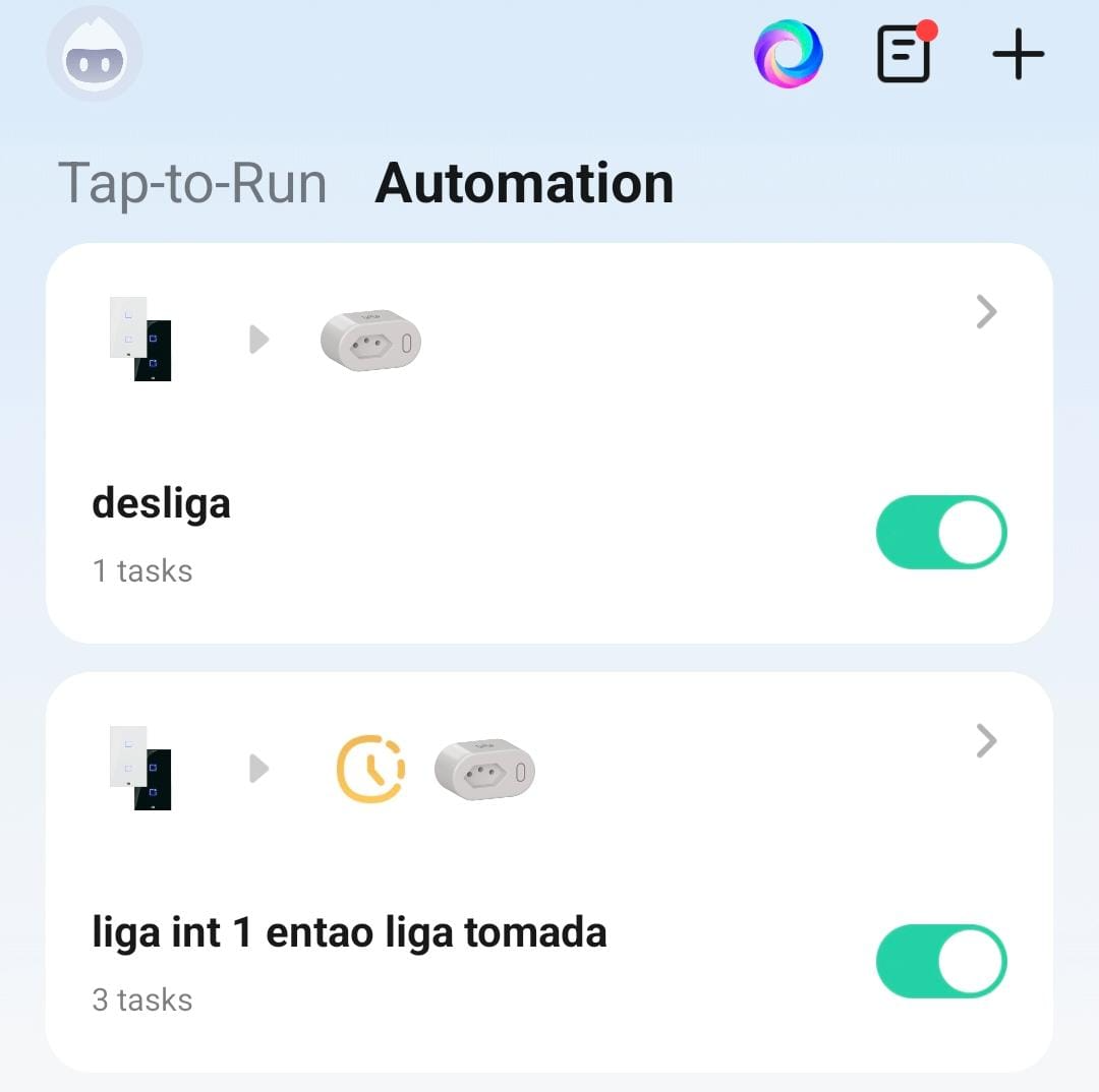 Automações na Solução 1. Abas Tap-to-Run e Automation. Na aba Automation, as cenas “desliga”, com 1 tarefa, e cena “liga int 1 entao liga tomada”, com 3 tarefas.