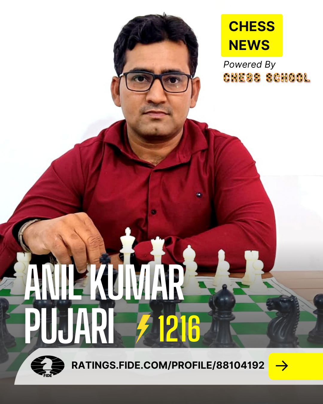 Guntakal's Anil Kumar Pujari get his First International Rating 1216 in the  List Jointly published by ALL INDIA CHESS FEDERATION and FIDE (World Chess  Federation) on 1 March 2023., by Nagarjun Karnatakam