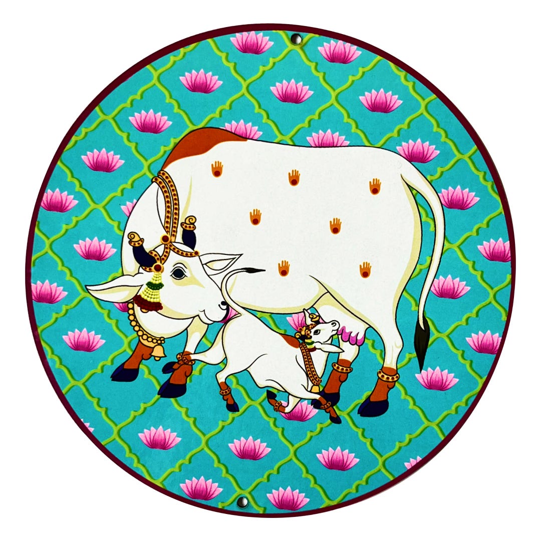 firozi-pichwai-cow-calf-with-lotus-mdf-6-in-by-vishalcraftshopindia