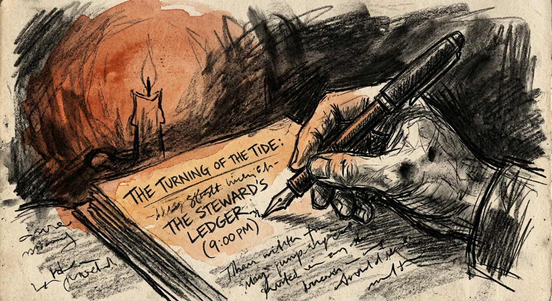 “9:00 PM. The Turning of the Tide. Caught in a warm terracotta glow, the steward’s hand writes the final ledger entries as the shadows close in. A rough charcoal sketch of secrets drying under candlelight.” Art Sketch by Misselbereth