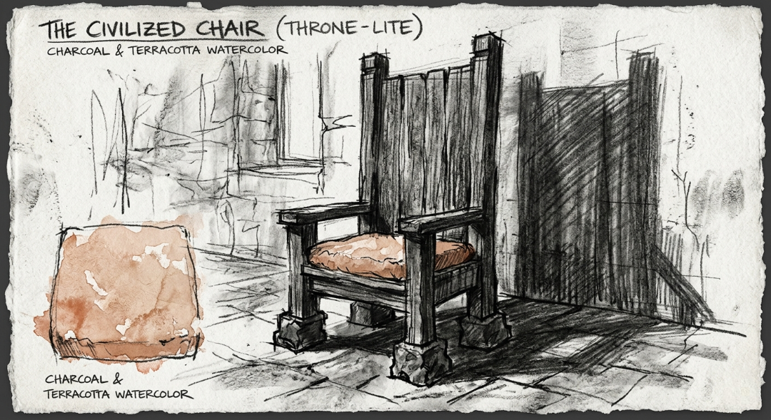 “The Civilized Chair (Throne-Lite): A study in contrast. The rigid verticality of a charcoal frame meets the soft, human touch of a terracotta wash. It is a structure built for authority, yet softened for the soul.” Art Sketch by Misselbereth