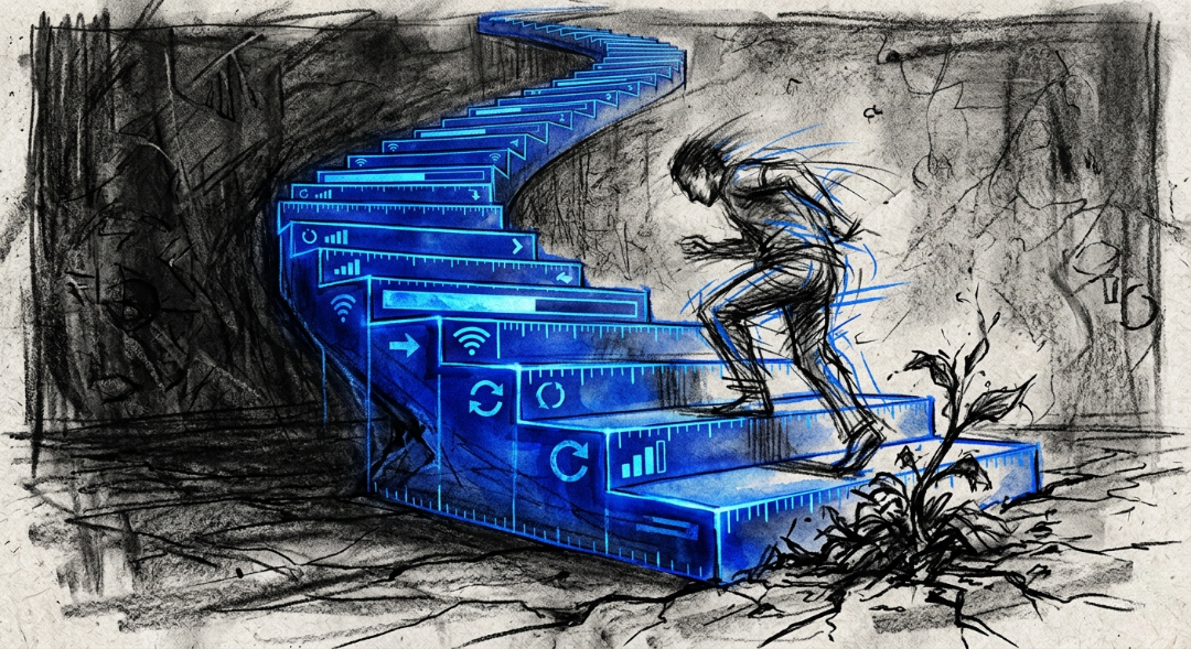 “We climb the ladder of endless metrics, unaware that with every step, we trample the only things that truly take root.” Art Sketch by Misselbereth