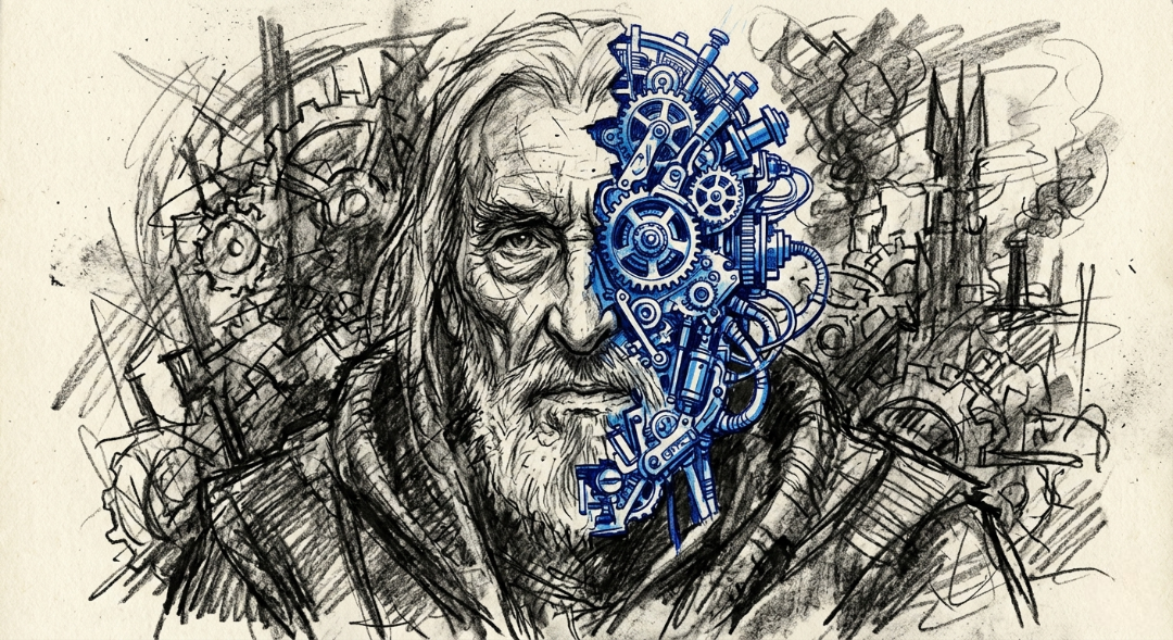 “The lines between creator and machine blur into nothingness; he sought efficiency, but found only the cold, mechanical silence of his own design.” Art Sketch by Misselbereth