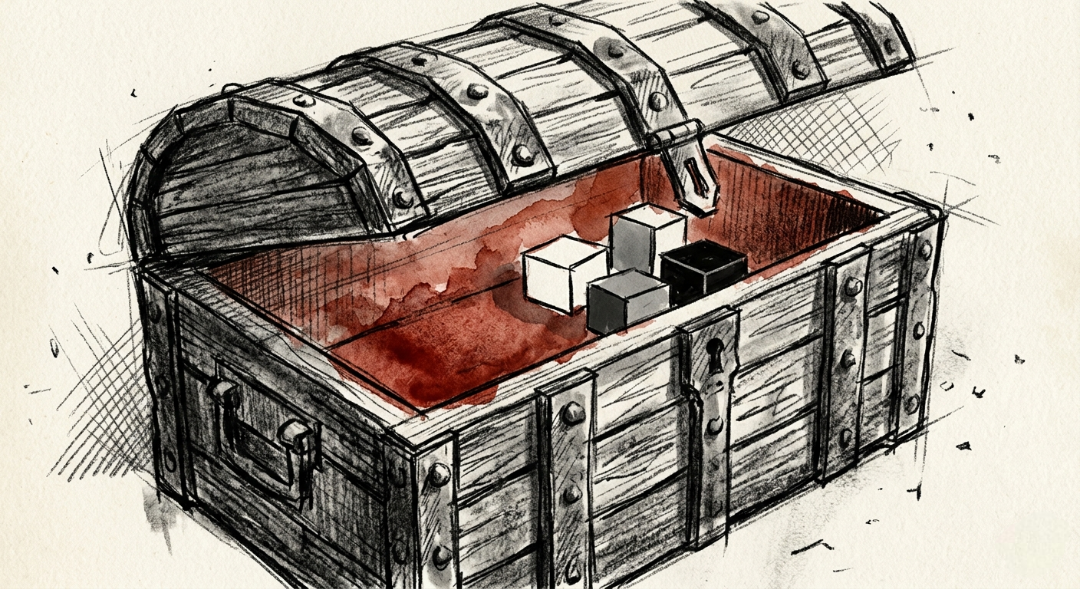 “Forged in the heavy, brutalist style of Gondor’s armories, the Iron-Banded Recruit Chest holds a quiet chaos within. A stark terracotta wash bleeds from the darkness, guarding the simple white, gray, and black blocks of the battlefield.” Art Sketch by Misselbereth