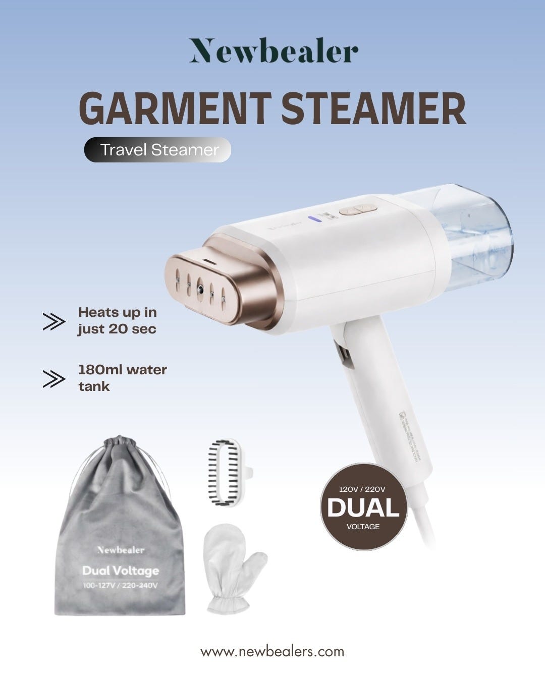 Dual Voltage Garment Steamer — 120V/220V Travel Steamer | Newbealer