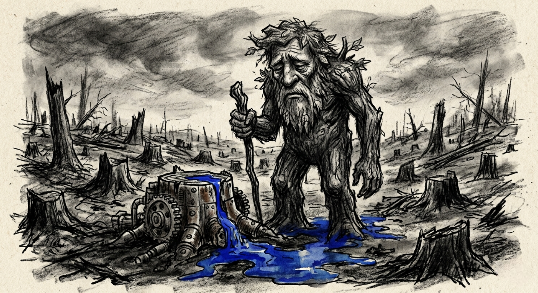“Nature’s silent vigil: where the pulse of the forest meets the cold steel of industry.” Art Sketch by Misselbereth
