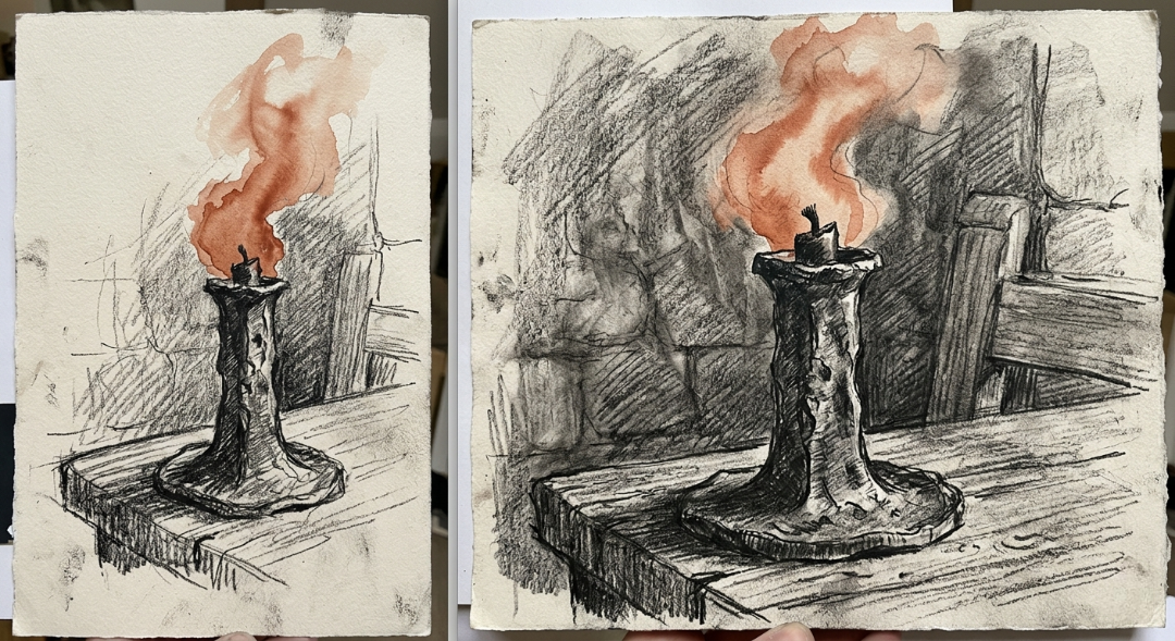 “The Monolith. A study of hand-forged iron and the ghosts we leave behind. Captured the brutal, pitted texture of the candlestick with heavy charcoal, letting a smoky wash of terracotta watercolor rise like the memory of a flame.” Art Sketch by Misselbereth