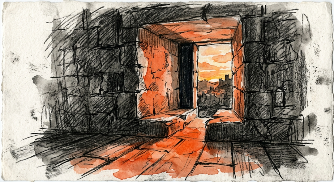 “The Weight of Stone: Forget curtains and soft textures. This sketch transforms a simple window into a mountain-carved embrasure, where heavy charcoal cross-hatching meets the defiant glow of a terracotta sunset.” Art Sketch by Misselbereth