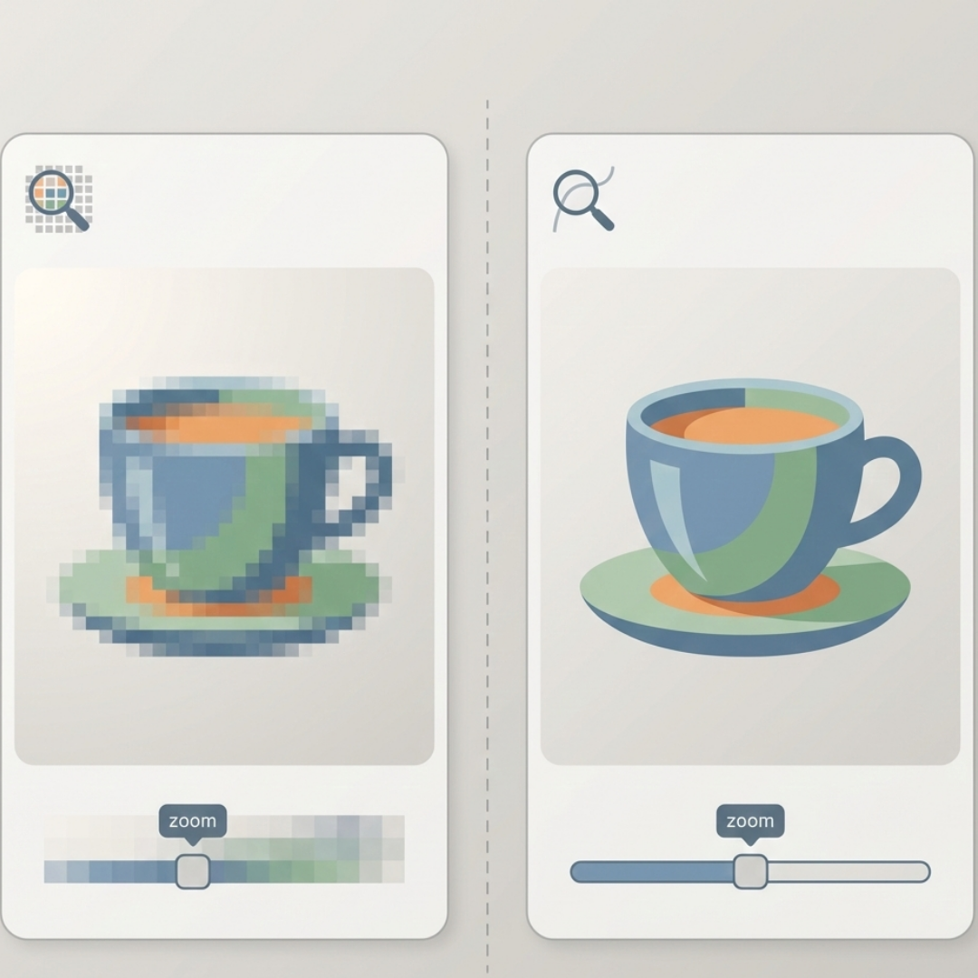 A visual comparison showing how raster images rely on pixels while vector graphics remain sharp at any size.