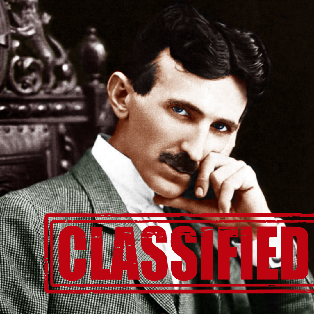 Nikola Tesla with a classified stamp, symbolizing the mysteries of his legacy.
