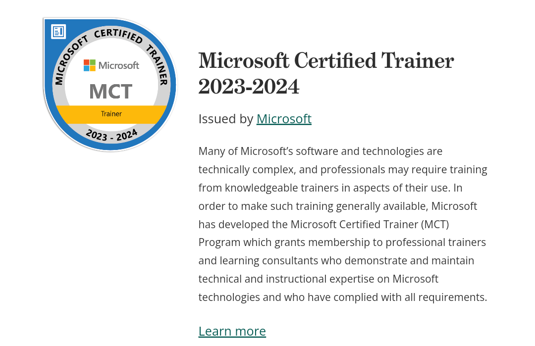 Microsoft Certified Trainer Program 3 Years of experience as a