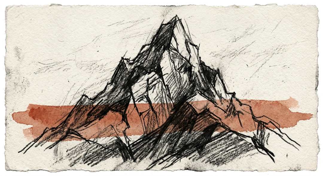 “Visual Concept 3: Indifferent Stone. A stark, angular peak rendered in raw, unforgiving charcoal lines, cut through by a single horizontal stroke of terracotta. It’s a study of absolute stillness and structural permanence where ancient stone meets twilight dust.” Art Sketch by Misselbereth