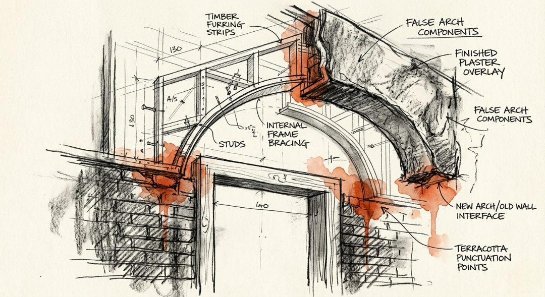 “This technical “exploded view” captures the raw transition between structural engineering and aesthetic finish. The sketch, titled “Architectural Punctuation,” utilizes a layered approach to tell the story of a false arch installation over a modern doorway.” Art Sketch by Misselbereth