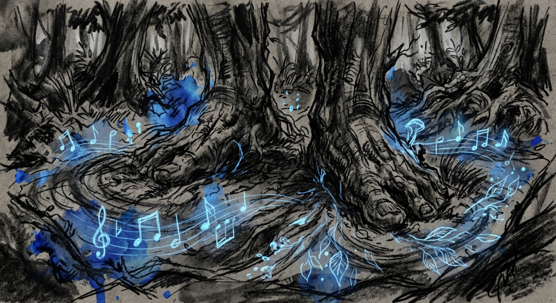 “Connection is not a line, but a resonance; where the ancient wood meets the song of the earth, and every ripple breathes life into the silence.” Art Sketch by Misselbereth