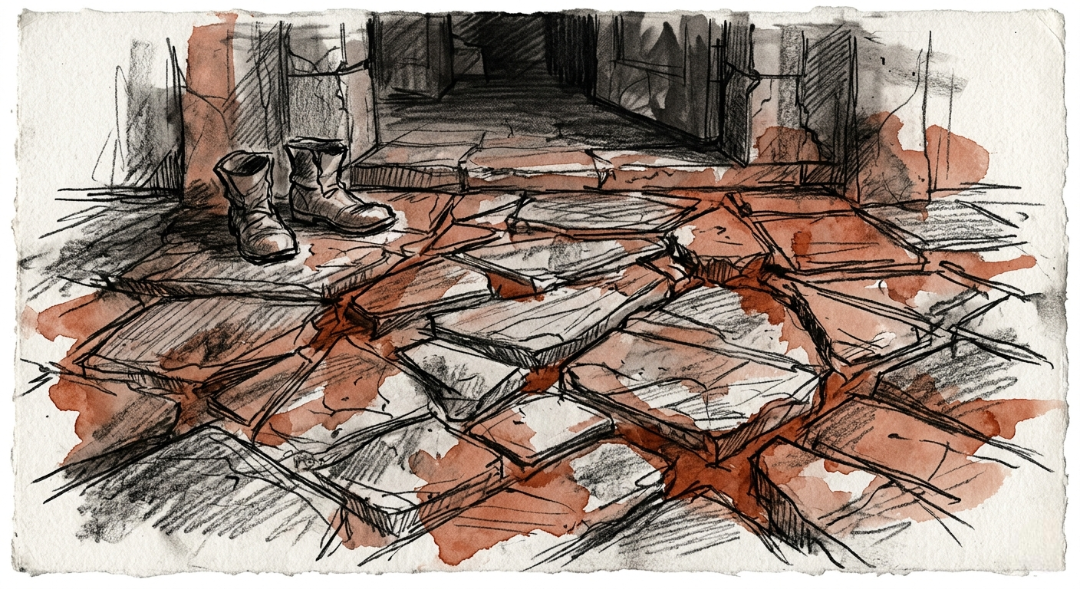 “The First Circle: A rugged entryway captured in raw charcoal lines and heavy slate textures, bound together by a bleeding terracotta wash.” Art Sketch by Misselbereth