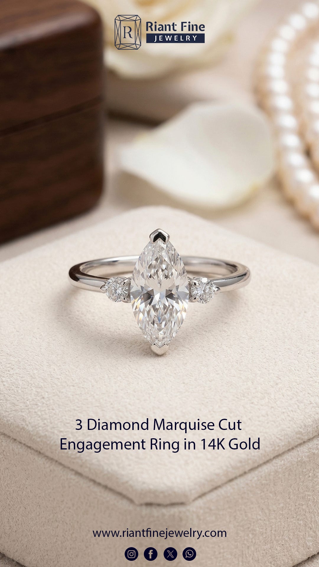3 Diamond Marquise Cut Engagement Ring In 14K Gold | Vintage Inspired Promise Ring for Women