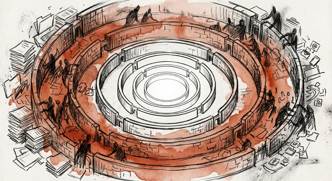 “Combining heavy, loose charcoal strokes with a raw terracotta watercolor wash to depict the ultimate battle for productivity. The concept treats the desk (and the brain) as a seven-walled fortress. The further out you go, the more chaotic and abstract the tasks become. The further in you go, the cleaner the lines get, until reaching the absolute clarity of the central Citadel. 🎨🧠” Art Sketch by Misselbereth
