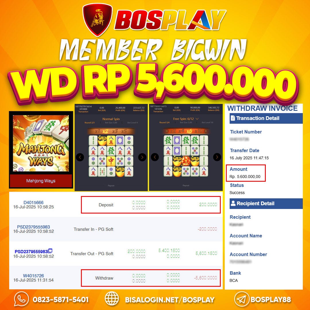 BOSPLAY MEMBER MENANG GAME SLOT MAHJONG WWD RP 5.600.000
