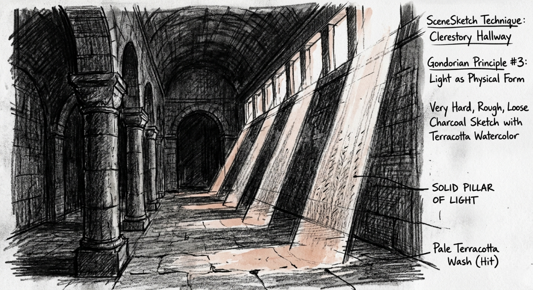 “SceneSketch: The Clerestory Hallway. This study explores Gondorian Principle , treating light as a physical, solid form. The composition uses rough, loose charcoal for deep shadows, contrasted by a pale terracotta wash where the light “punches” through the high windows to hit the stone floor.” Art Sketch by Misselbereth