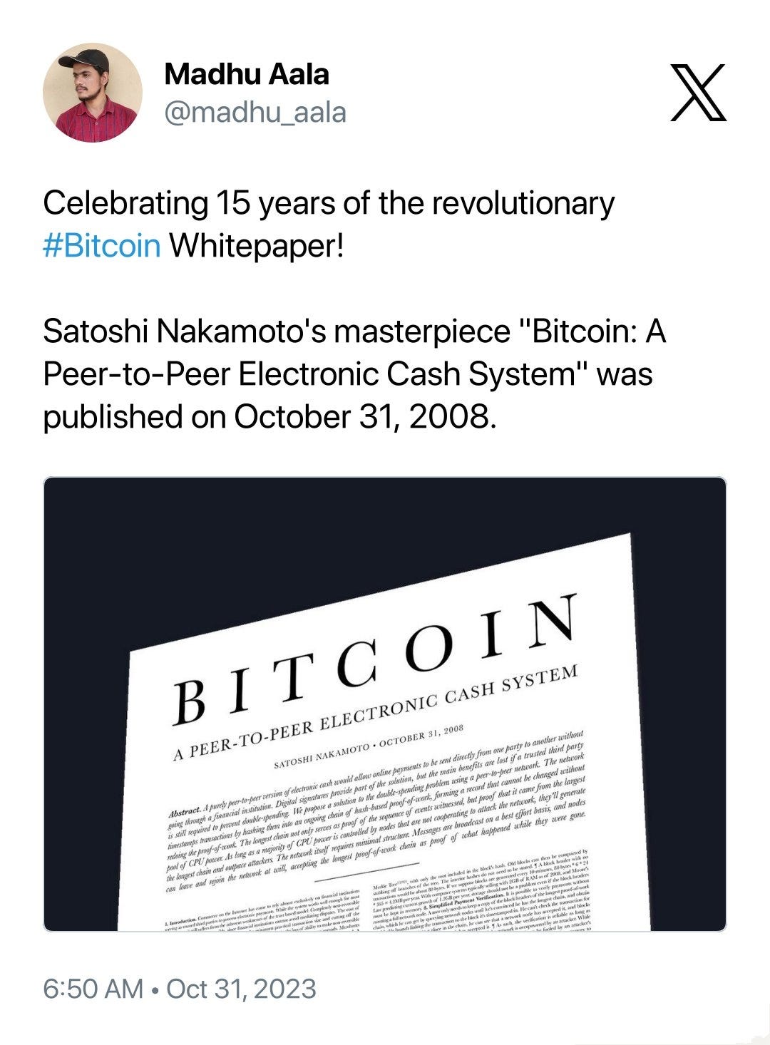 On this day in 2008, Satoshi Nakamoto published the Bitcoin Whitepaper ...