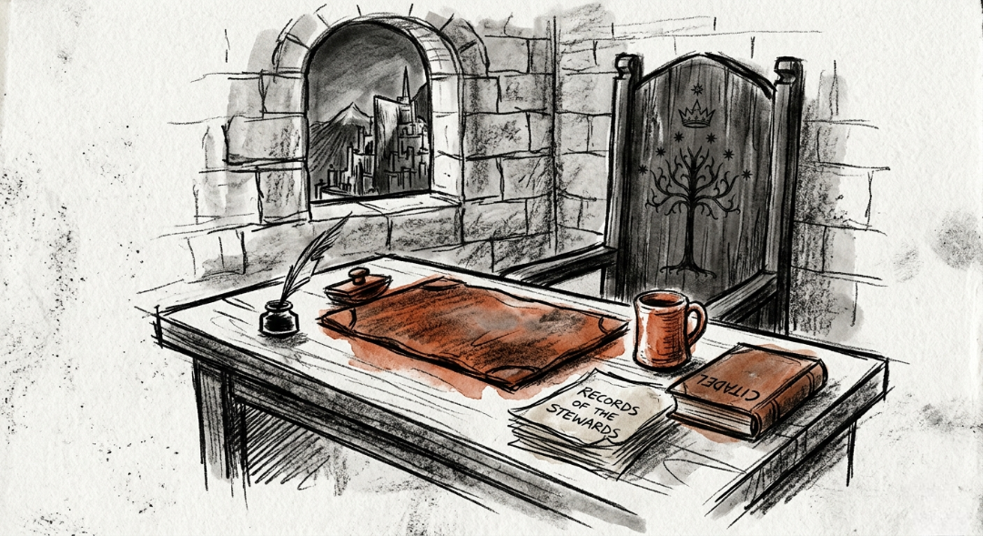 “A sanctuary for the silent work of history. This minimalist workstation, etched in charcoal and warmed by terracotta hues, honors the White Tree of Gondor. Where modern emails meet the ancient records of the Stewards, every stroke is a testament to order and duty.” Art Sketch by Misselbereth