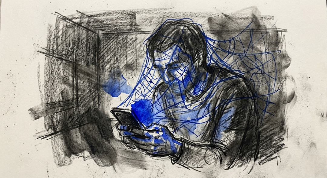 “Caught in the glow: the screen has become a shroud, turning our world into a narrow, blue-lit box.” Art Sketch by Misselbereth