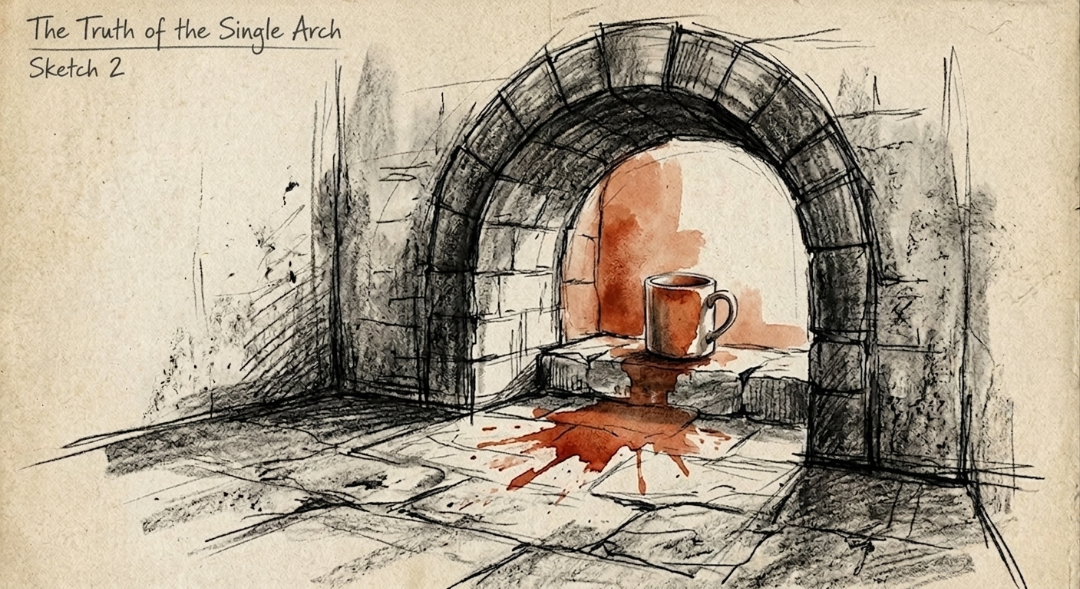 “A masterclass in structural discipline meets a quiet Tuesday routine. The unadorned strength of the single arch stands in contrast to the warmth of a simple ceramic mug. It’s where the high-fantasy majesty of Gondor finds its grounding in the terracotta glow of a peaceful morning.” Art Sketch by Misselbereth