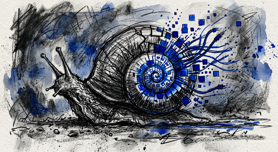 “Where the organic grind of the snail meets the high-speed flow of data.” Art Sketch by Misselbereth