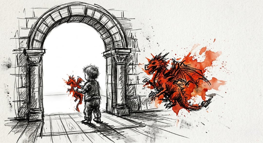 “Standing at the threshold of serenity, holding a splash of chaos. A rough charcoal sketch where the quiet minimalist world meets the vibrant, unauthorized noise of a terracotta dragon.” Art Sketch by Misselbereth