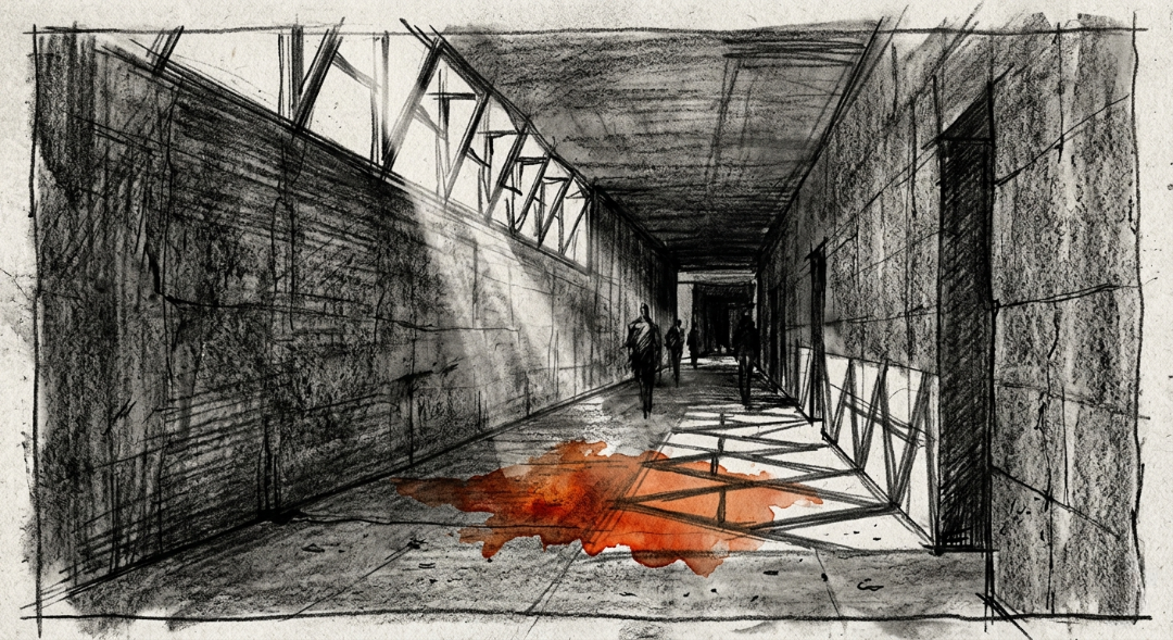 “A moment of warmth in a cold stone world. This charcoal sketch of the Hall of the Muster captures the sharp, sawtooth shadows of the clerestory, interrupted only by a sudden, concentrated wash of terracotta light hitting the floor.” Art Sketch by Misselbereth