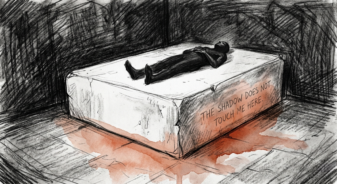 “An unyielding monolith of white stone amidst a suffocating dark. Trapped in a heavy charcoal void, where the only warmth is a bleeding glow of terracotta, holding onto a silent promise: The shadow does not touch me here.” Art Sketch by Misselbereth