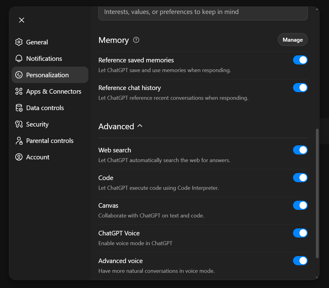 Memory settings in ChatGPT