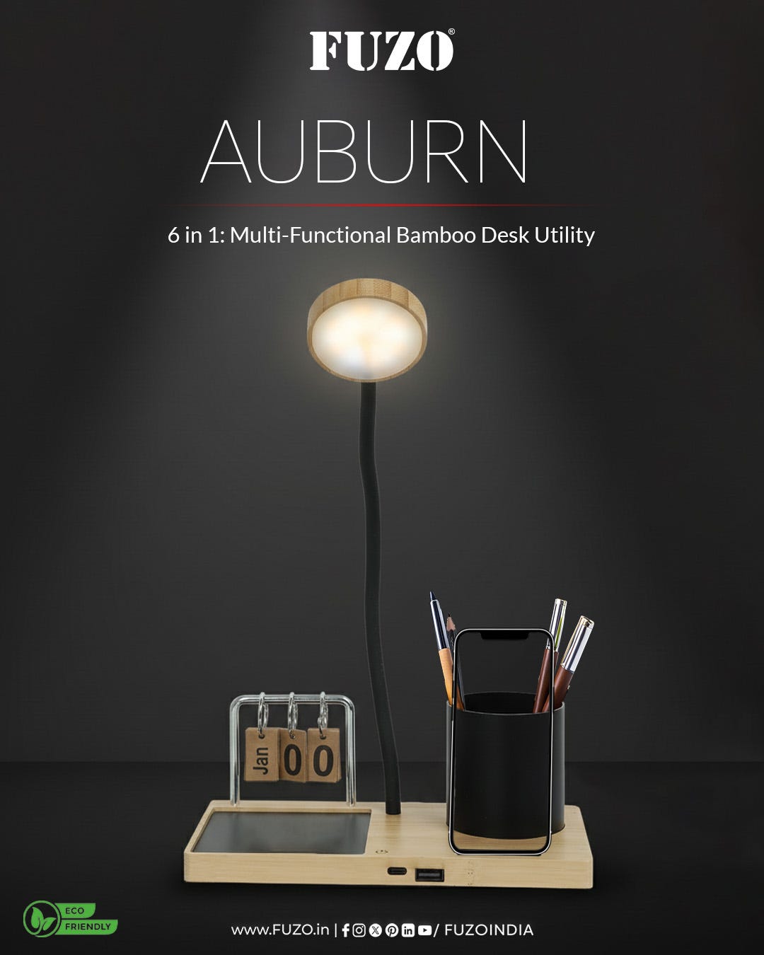 FUZO AUBURN 6-in-1 Multi-Functional Bamboo Desk Utility