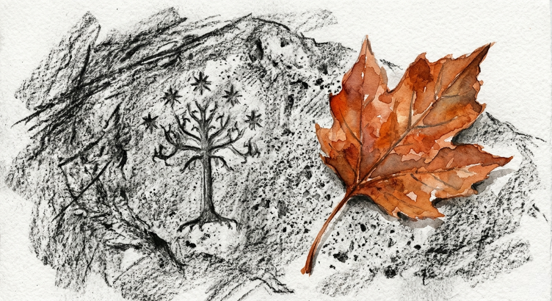 “Minimalism is never dull. This macro study focuses on a single Gondorian masonry mark carved into “luminous” white stone. The hard, gritty charcoal texture provides a rugged foundation for a single terracotta leaf, rendered in soft watercolor. When the backdrop remains constant, every leaf becomes a story and every shadow becomes an event.” Art Sketch by Misselbereth
