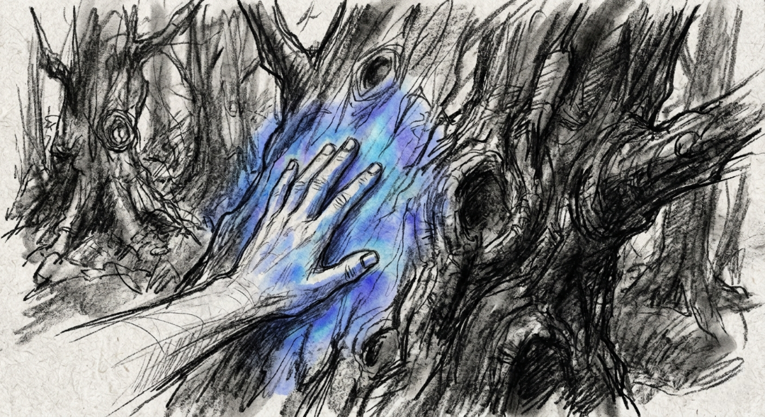“Seeking the ancient pulse; realizing that we are the ones who need the silence of the woods.” Art Sketch by Misselbereth