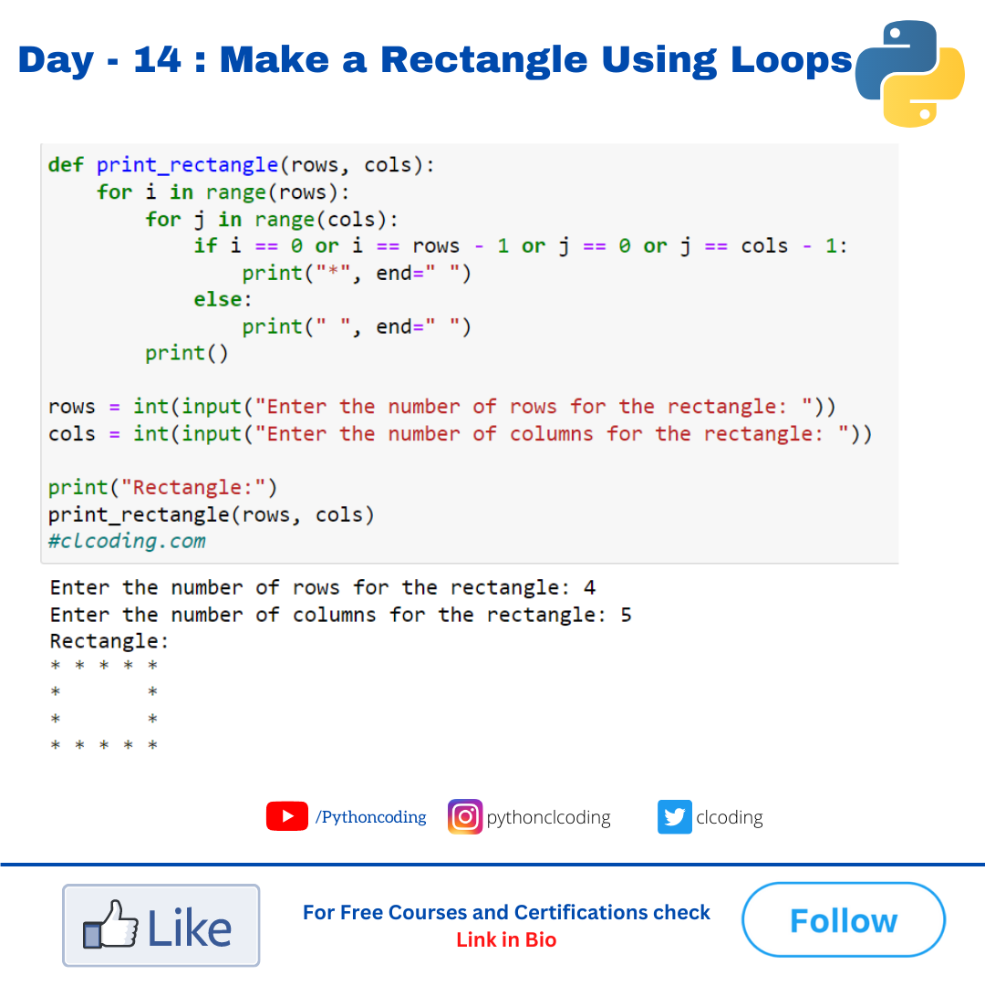 Day — 14 : Make a Rectangle Using Loops - Python Coding - Medium