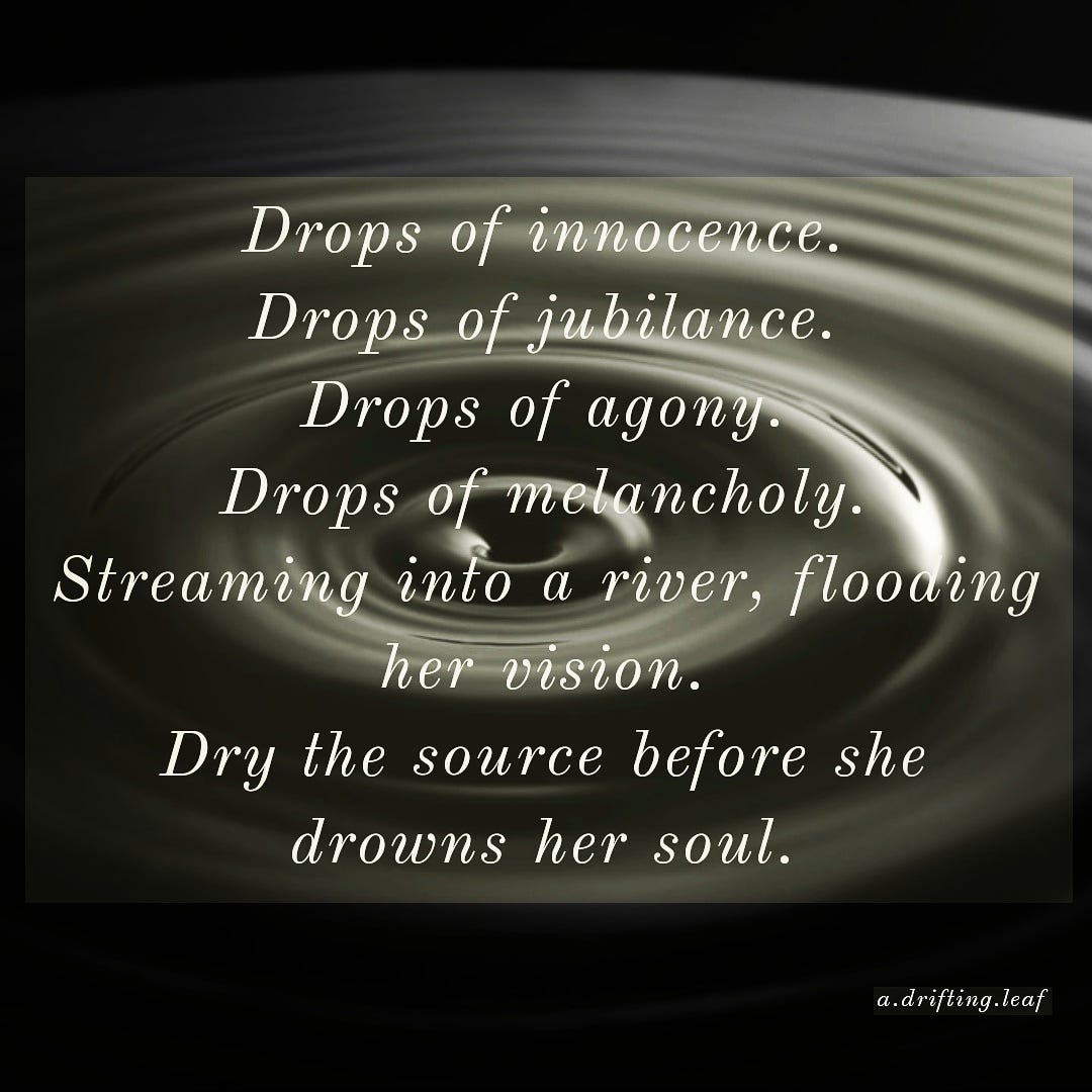 The expression, to cry buckets of tears took on a whole new level of  understanding for me., by Amanda Yap, epiphanic by a drifting leaf