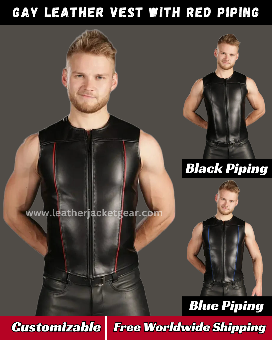 Zip Front Gay Leather Vest With Red Piping LEATHER JACKET GEAR® Medium