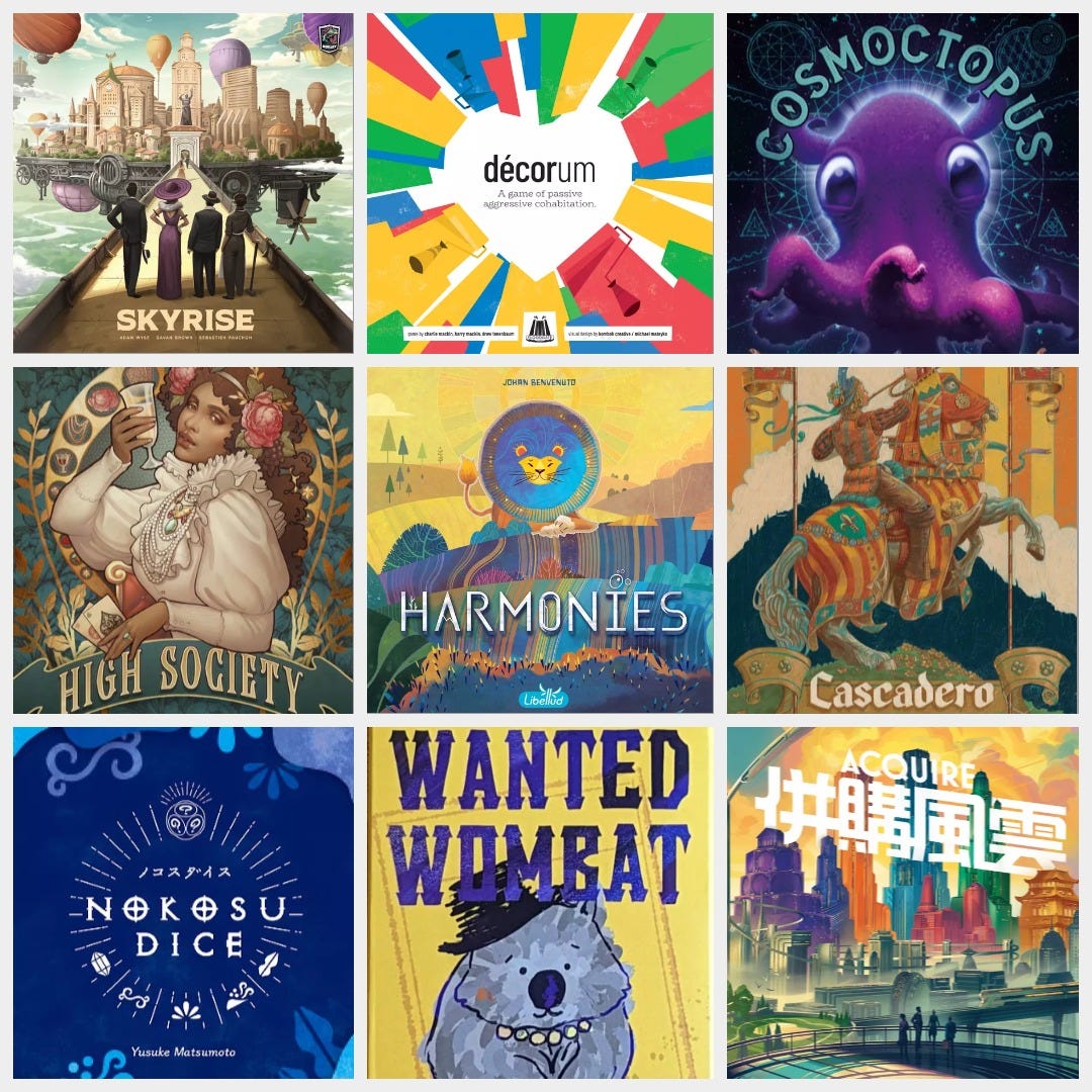 Top 9 new-to-me 2024 boardgames under a weight of 2.5