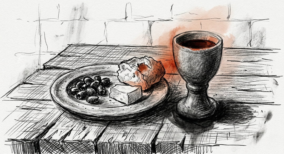 “Stripped down to the bare essentials. 🖤 Bringing this minimalist still life to life with very loose, rough charcoal sketching and deep, pooling shadows. The intentional pop of terracotta watercolor creates a sharp, dramatic contrast against the stark, cross-hatched textures of the table and stone walls.” Art Sketch by Misselbereth