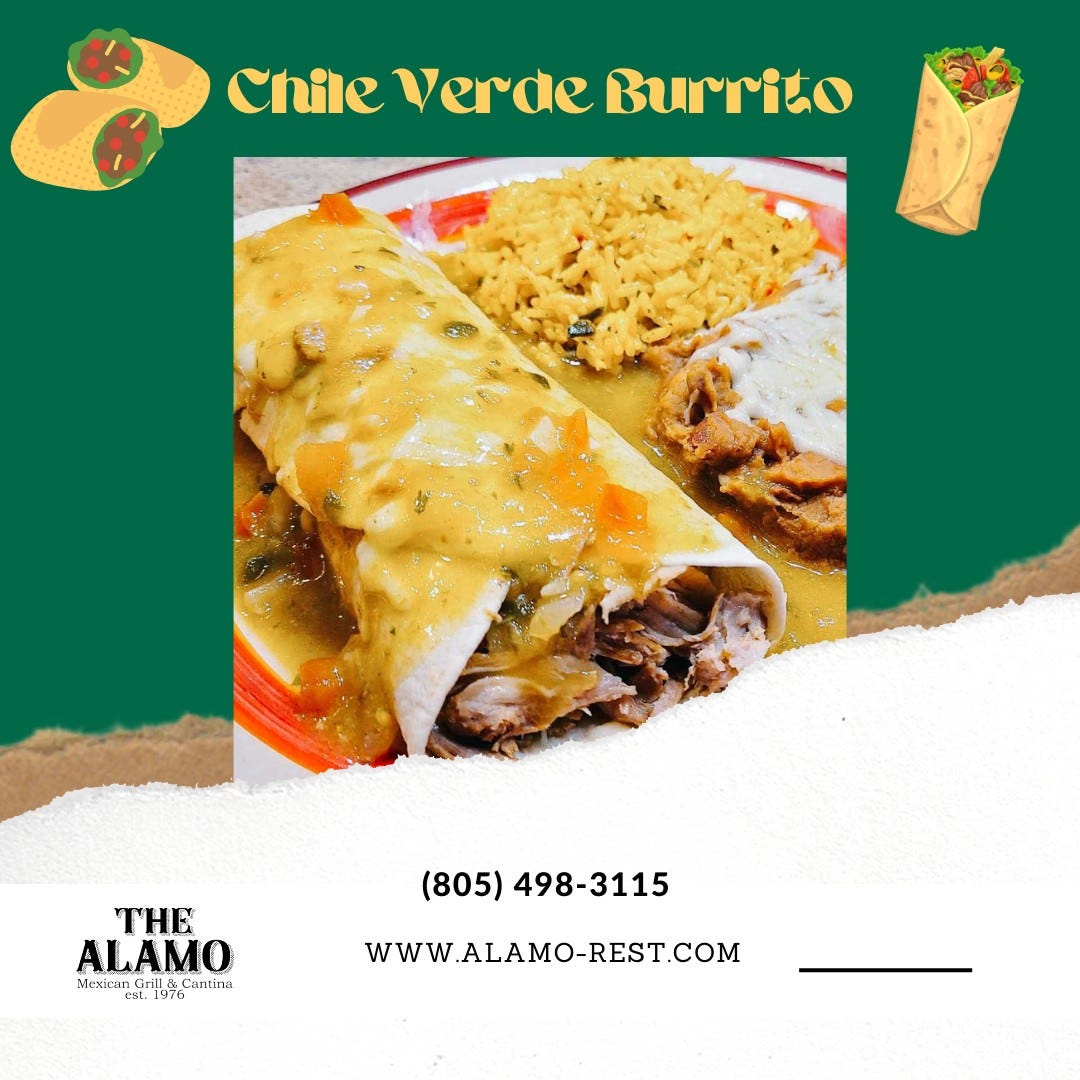 The Irresistible Chile Verde Burrito at The Alamo Bar & Grill The Alamo Bar & Grill Medium