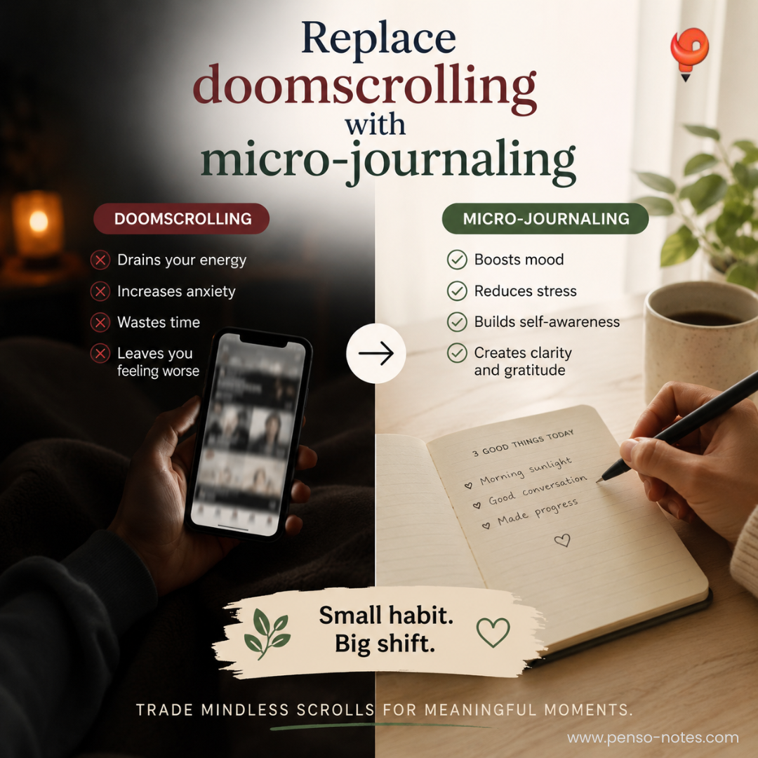 Replace Doomscrolling with Micro-Journaling: A Simple Habit for a Calmer, More Focused Mind.