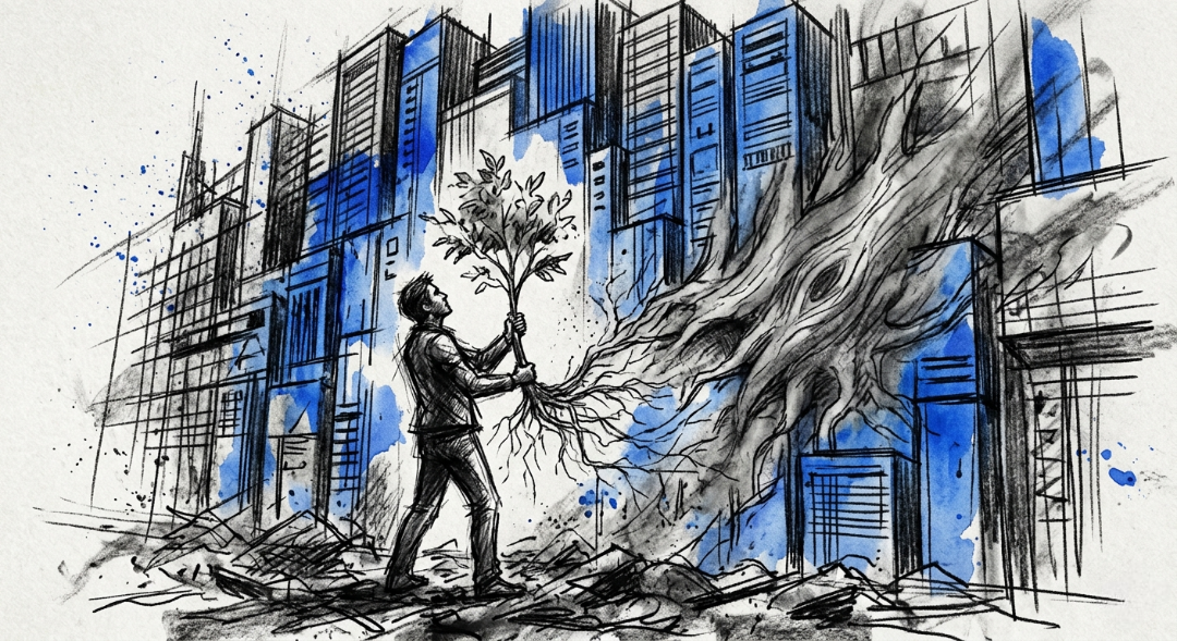 “Carrying the forest to soften the edges of a mechanical world.” Art Sketch by Misselbereth