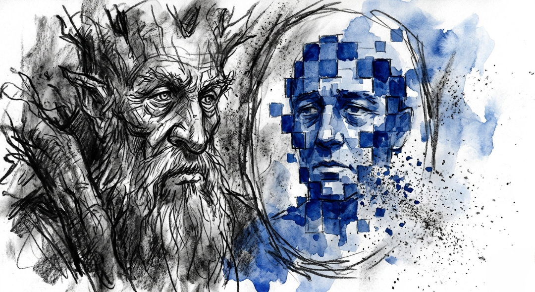 “Nature watches the silence of a digital age, witnessing a consciousness that traded its deep roots for the hollow speed of a dissolving mirror.” Art Sketch by Misselbereth