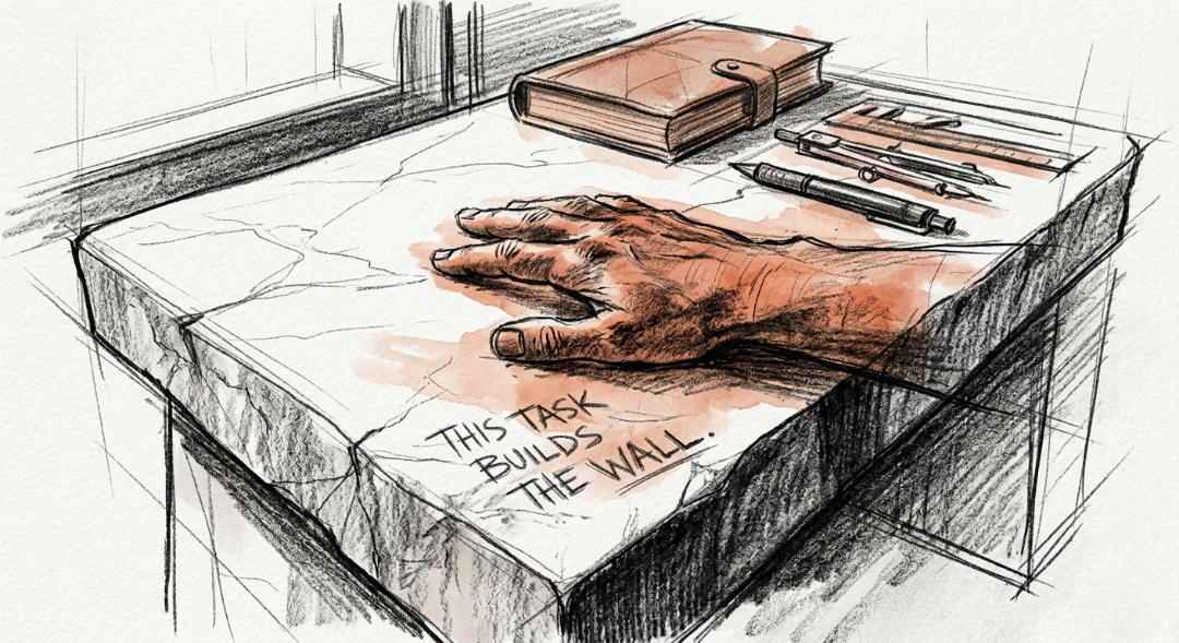 “Every line drawn, every ledger marked, and every cold stone laid. The weight of the morning labor is where the grand design begins. This task builds the wall.” Art Sketch by Misselbereth