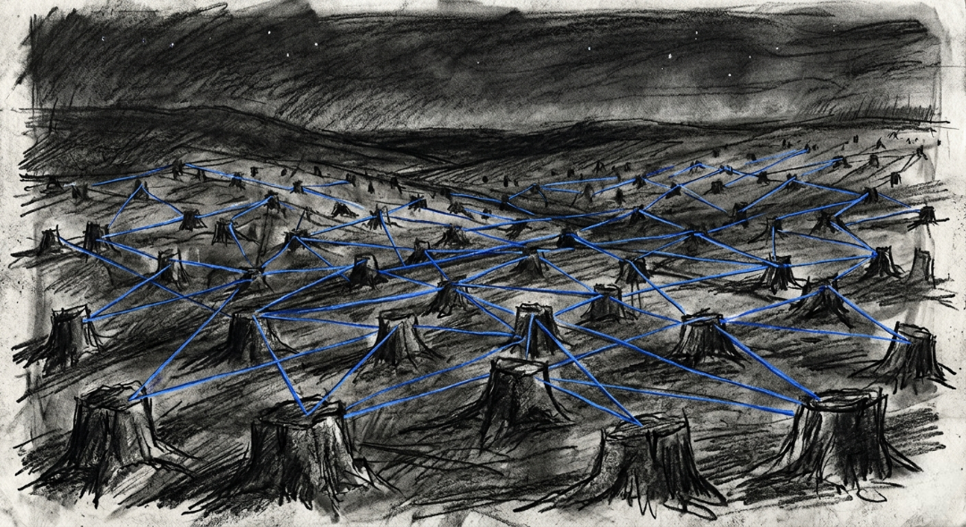 “The forest is gone, but the ghost of our disconnection remains, tethered in Royal Blue.” Art Sketch by Misselbereth